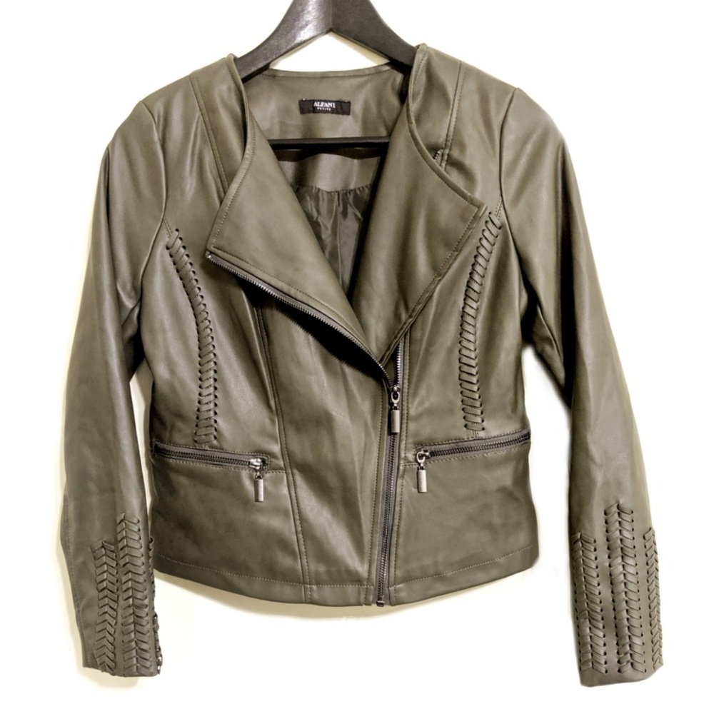 Alfani Petite XS green faux leather Moto jacket